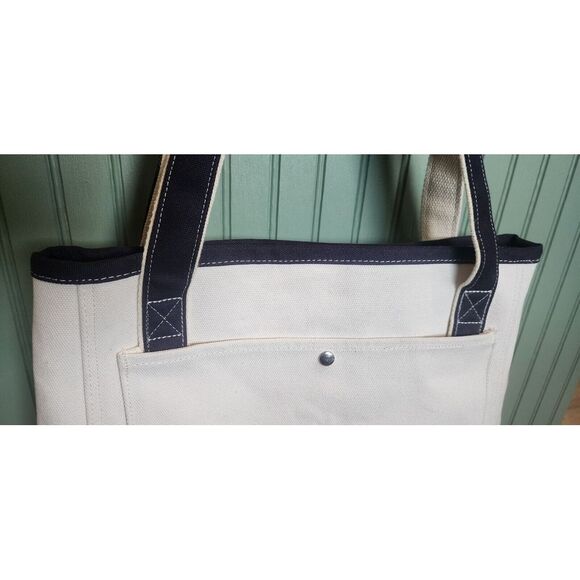 Lands End Canvas Tote 14x15x5‎ White Bag Tan Blue Logo & Trim Shopper Beach EUC - Picture 3 of 8